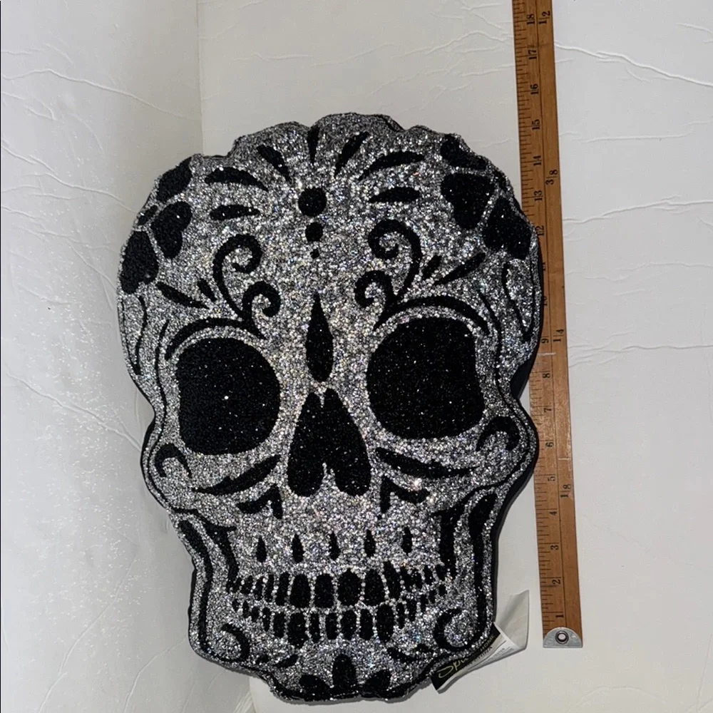 NWT Sparkles Home Rhinestones Silver & Black Sugar Skull Halloween Large Pillow
